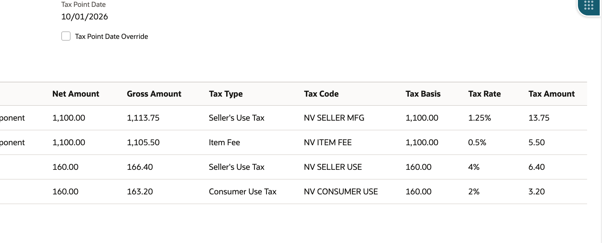 Tax Details lists returned rows by item reference, with tax type, code, basis, rate, and amount.