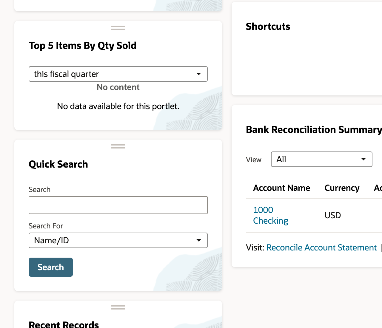 NetSuite Home dashboard Quick Search portlet set to the general Name/ID search