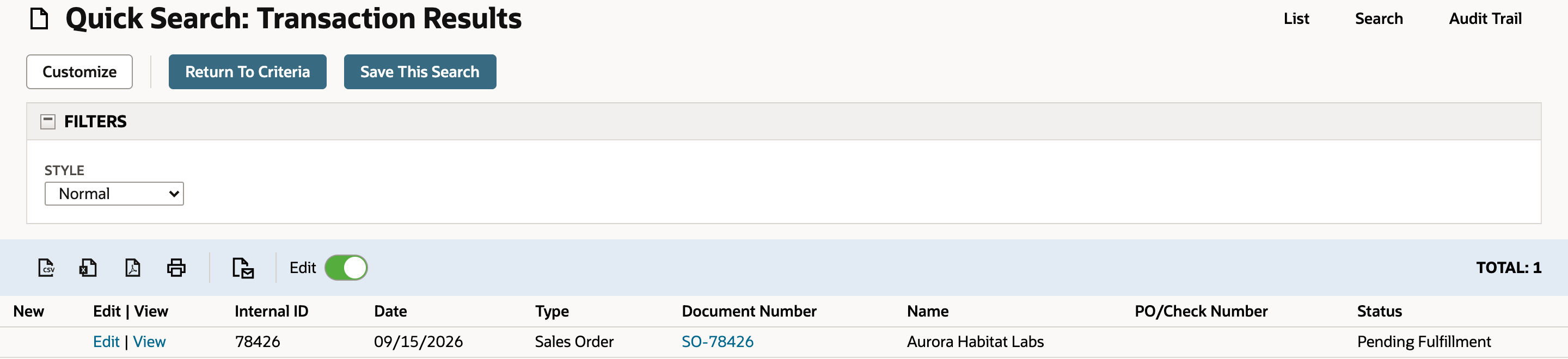 NetSuite Transaction Search Results showing sales order SO-78426 for Aurora Habitat Labs with Pending Fulfillment status