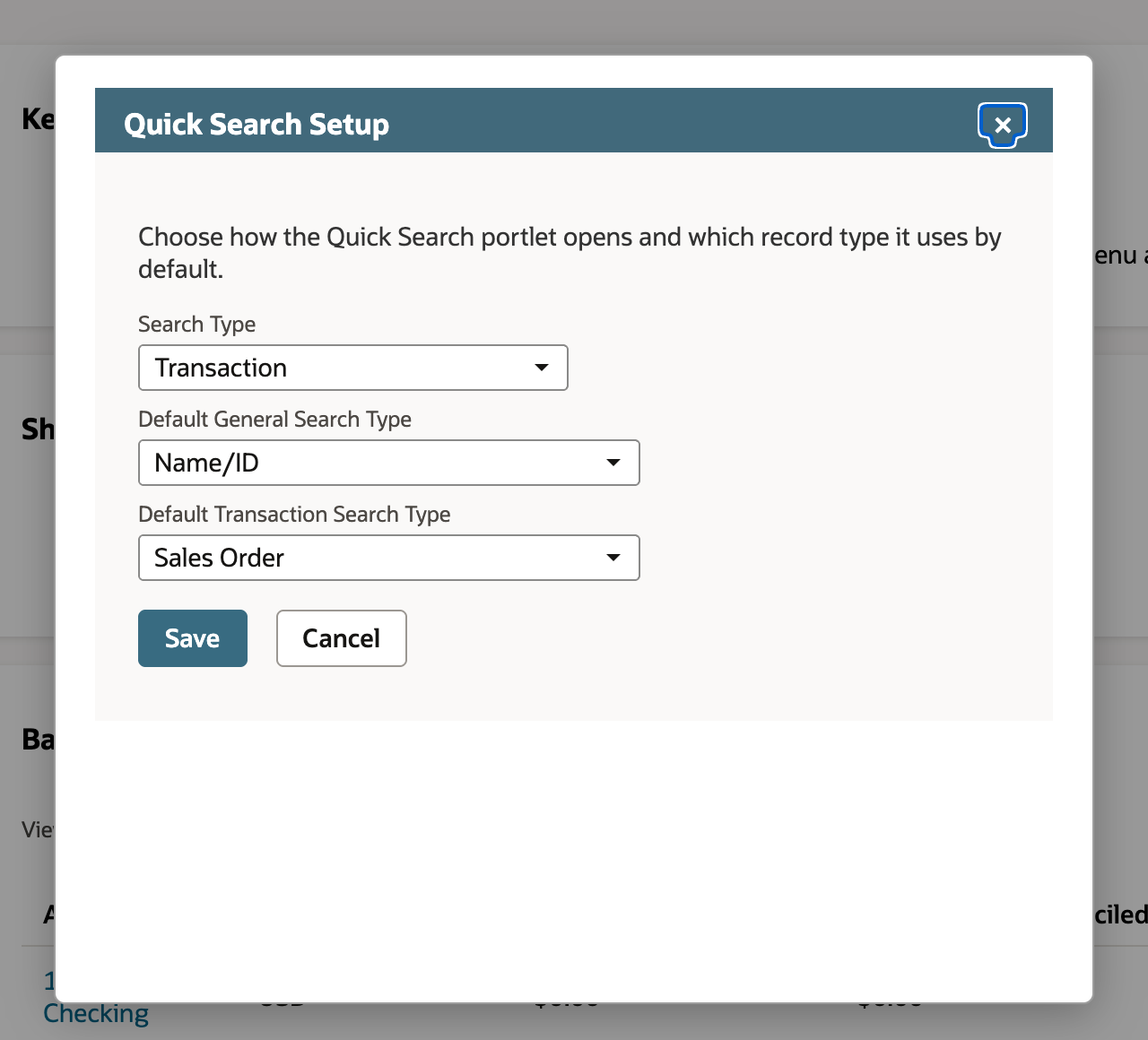 NetSuite Quick Search Setup with Search Type set to Transaction and Default Transaction Search Type set to Sales Order