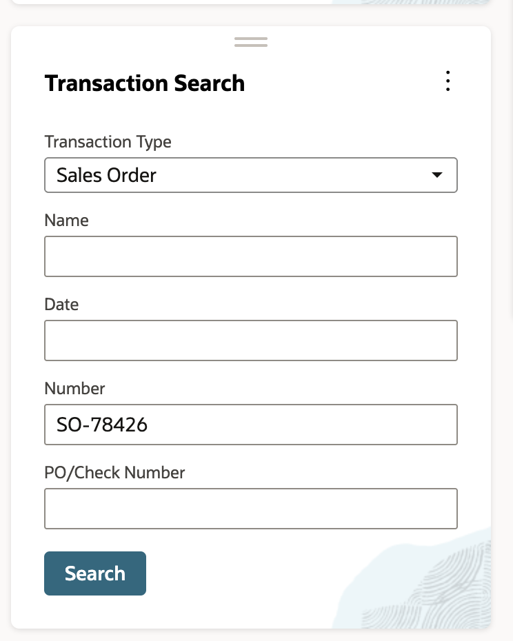 NetSuite Transaction Search portlet with Sales Order selected and SO-78426 entered in Number
