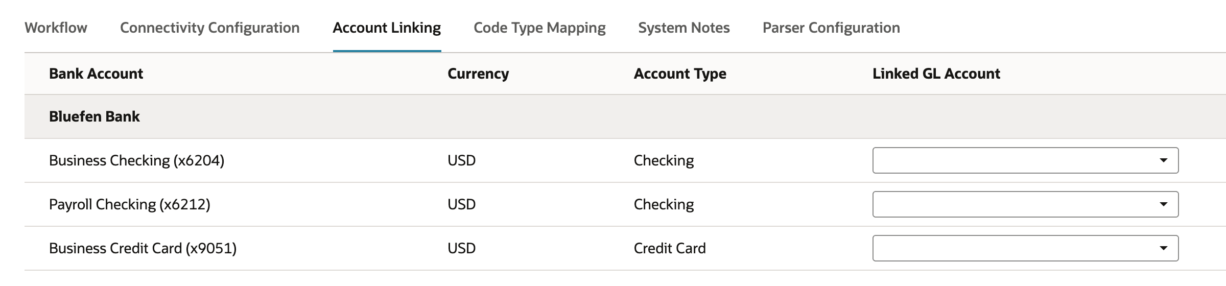 Account Linking subtab listing Business Checking (x6204), Payroll Checking (x6212) and Business Credit Card (x9051) under Bluefen Bank, each USD, with an empty Linked GL Account dropdown.