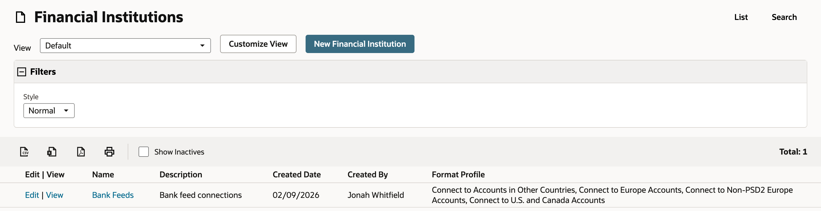 Financial Institutions list with one row, Bank Feeds, described as Bank feed connections, with its four format profiles listed.