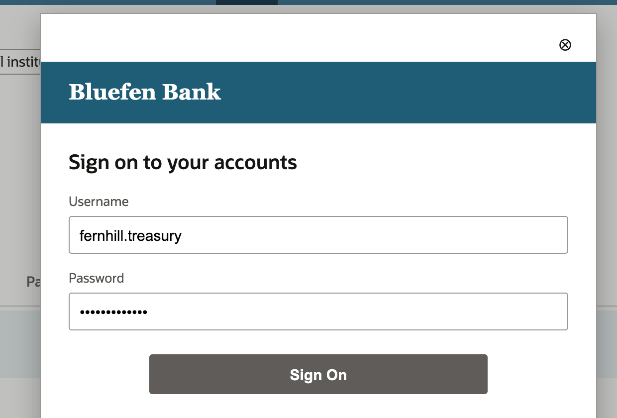 Bluefen Bank sign-on page with Username fernhill.treasury, a masked password and a Sign On button.