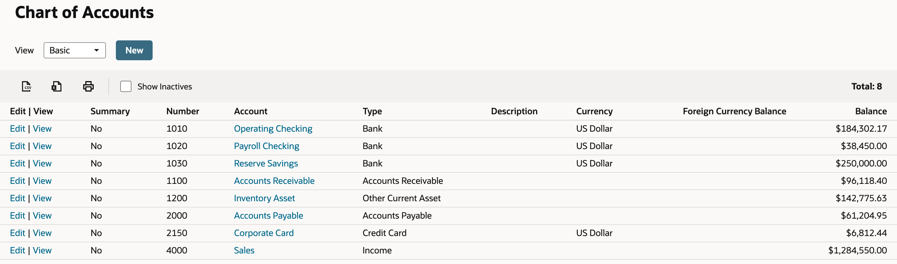 Chart of Accounts listing 1010 Operating Checking, 1020 Payroll Checking and 1030 Reserve Savings as Type Bank, 2150 Corporate Card as Type Credit Card, and four other accounts.