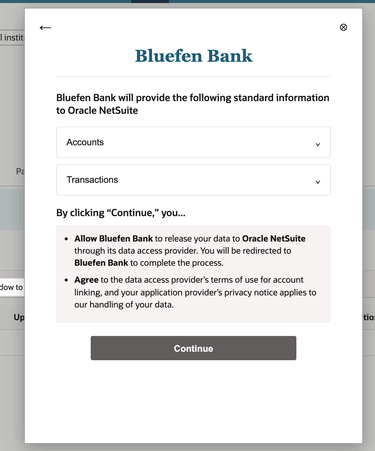 Consent screen titled Bluefen Bank stating it will provide Accounts and Transactions to Oracle NetSuite, with terms and a Continue button.