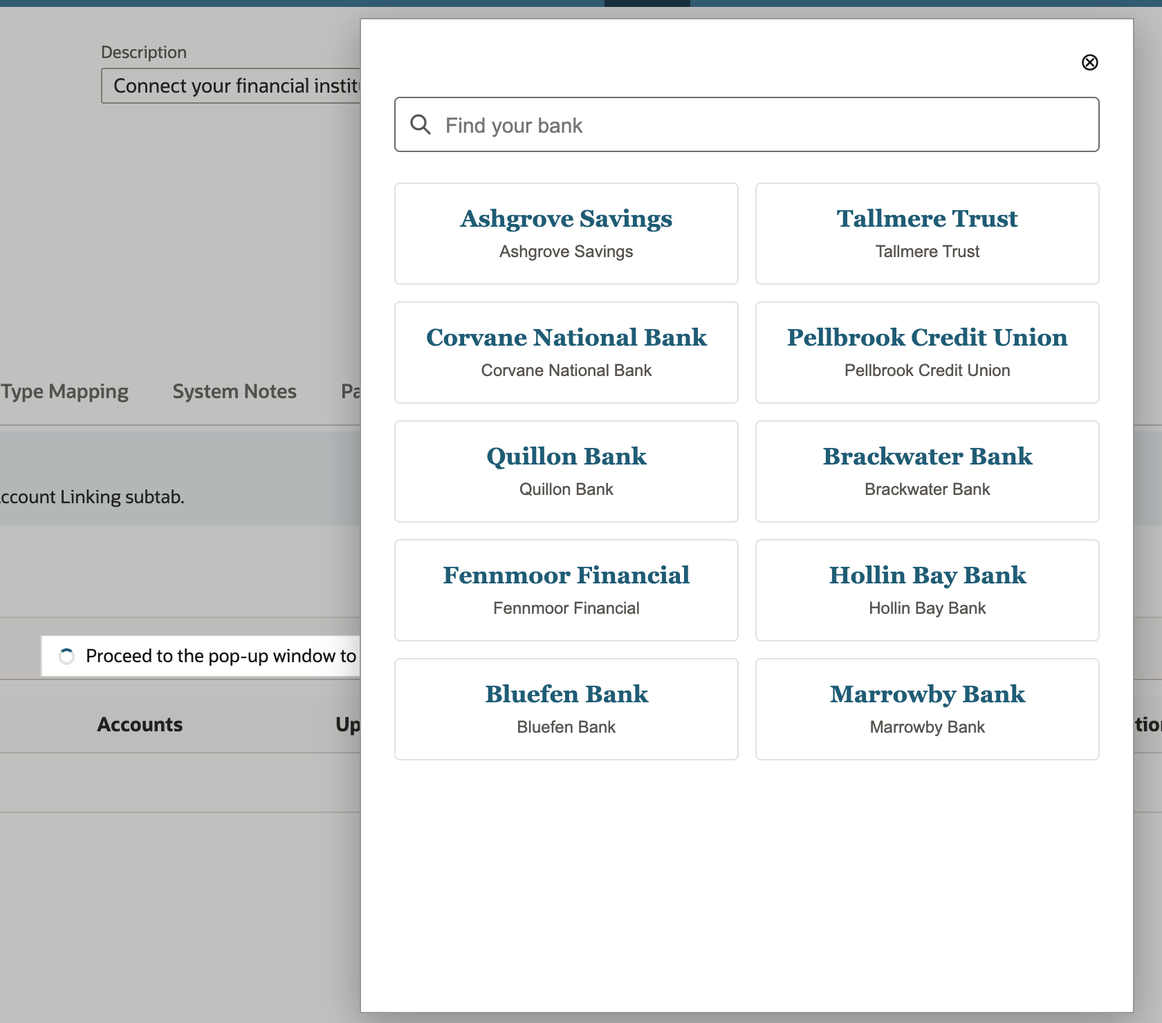 The bank connection pop-up with a Find your bank search box and tiles for ten banks, over the format profile with a Proceed to the pop-up window message.