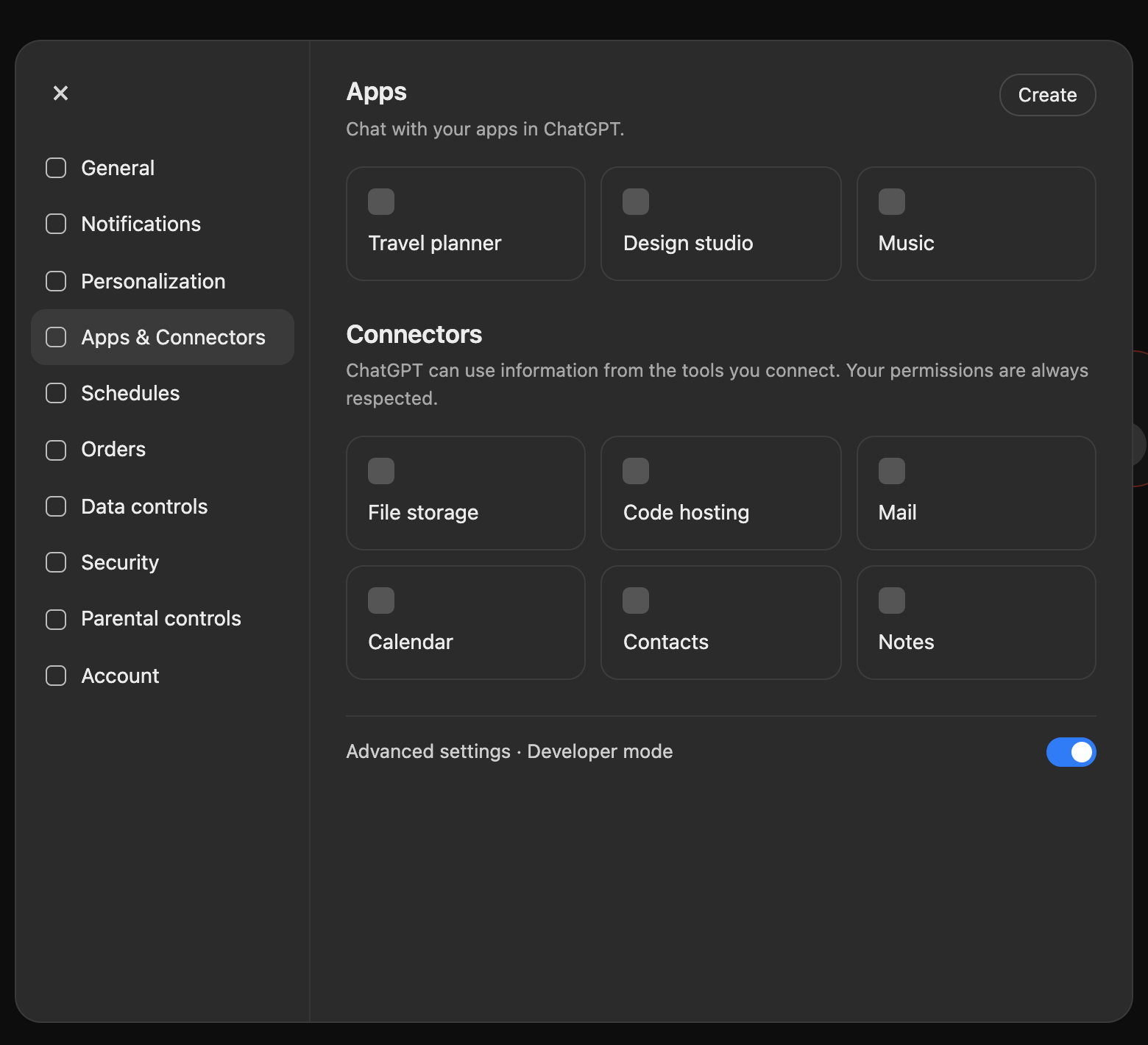 ChatGPT settings window open to Apps and Connectors, with a Create button at the top right marked by a red arrow and the Developer mode switch turned on at the bottom.