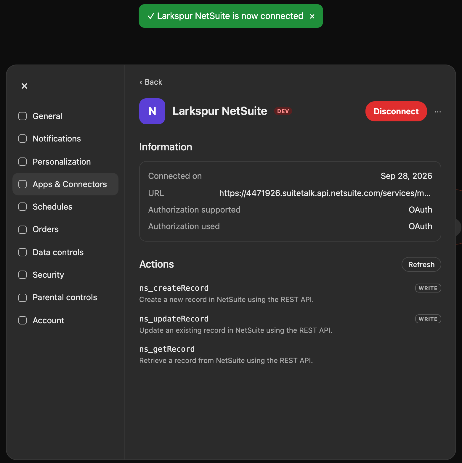 ChatGPT connector page for Larkspur NetSuite with a green toast saying it is now connected, OAuth under Information, and the actions ns_createRecord, ns_updateRecord and ns_getRecord.