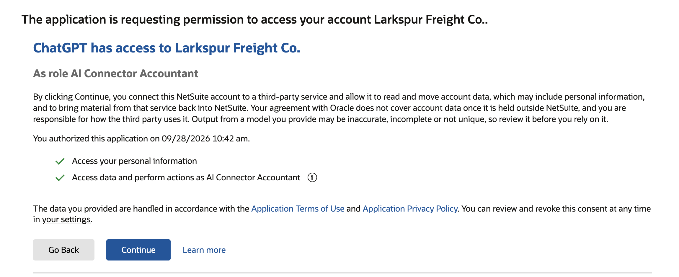 NetSuite consent page reading ChatGPT has access to Larkspur Freight Co. As role AI Connector Accountant, marked by a red arrow, with Go Back, Continue and Learn more buttons.