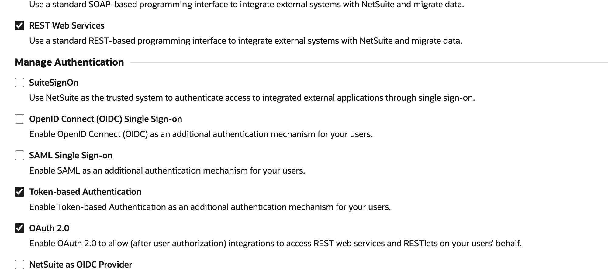 Enable Features, SuiteCloud subtab, with OAuth 2.0 checked under Manage Authentication, and REST Web Services checked above it, marked by a red arrow. Token-based Authentication is also checked.