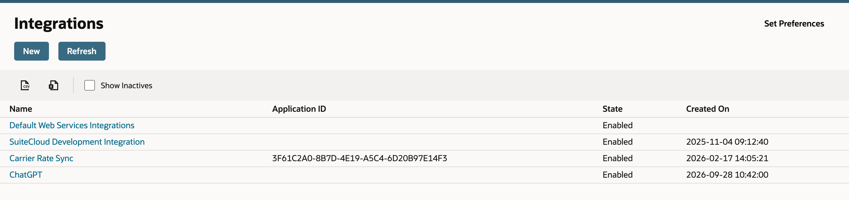 Integrations list with a ChatGPT row marked by a red arrow, State Enabled and Created On 2026-09-28 10:42:00.