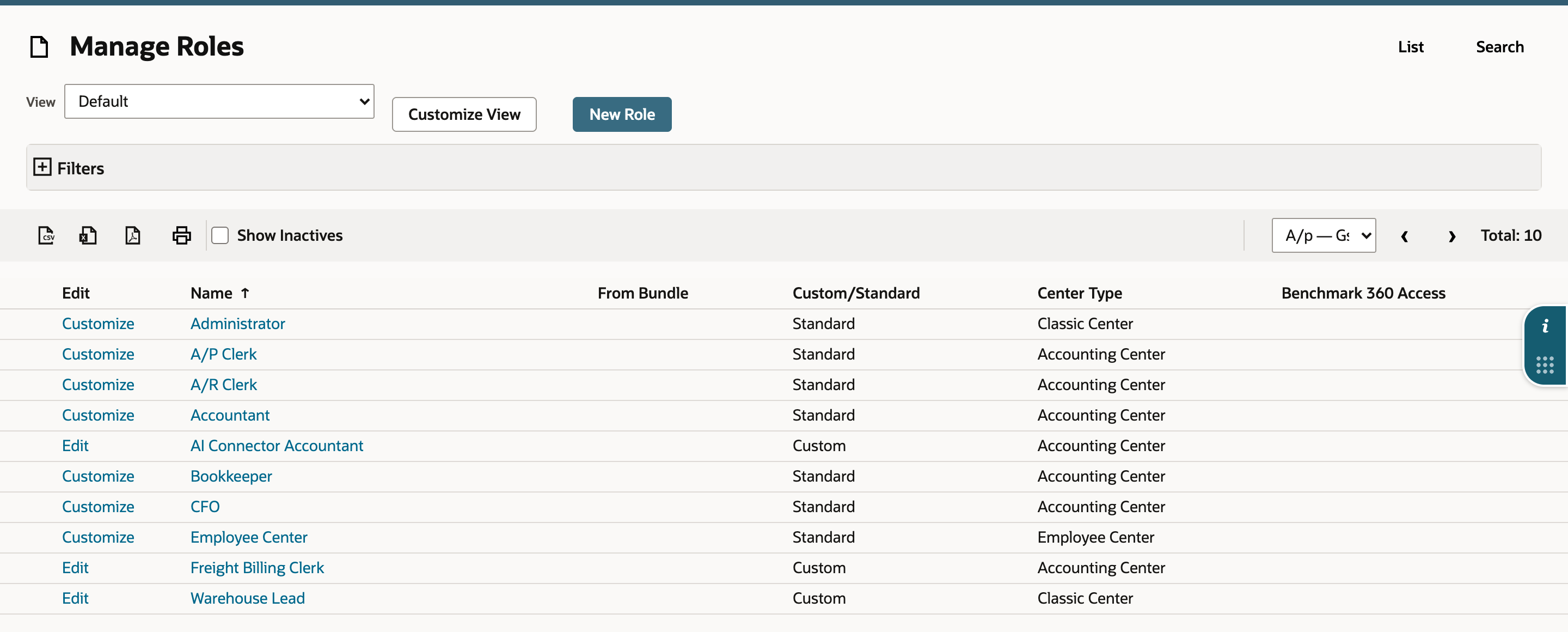 Manage Roles list with the custom role AI Connector Accountant marked by a red arrow among ten roles.