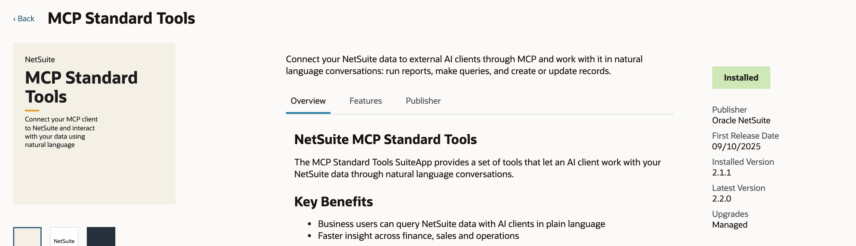 SuiteApps detail page for MCP Standard Tools from Oracle NetSuite with a green Installed badge.