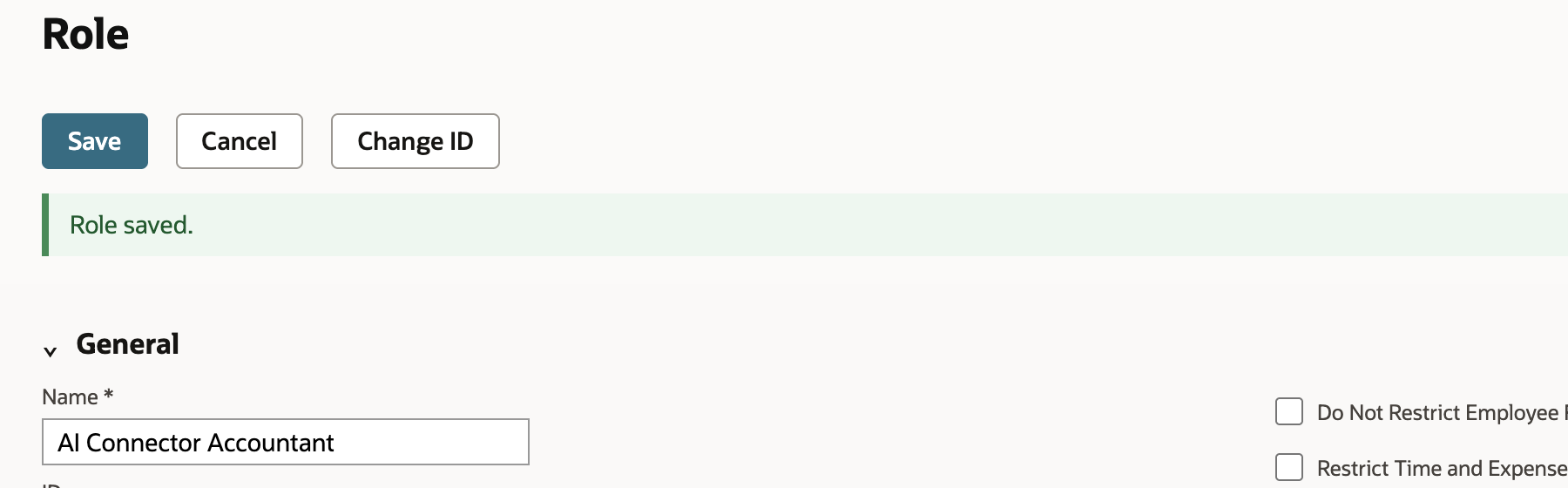 Role page for AI Connector Accountant with a green Role saved. message under the Save, Cancel and Change ID buttons.