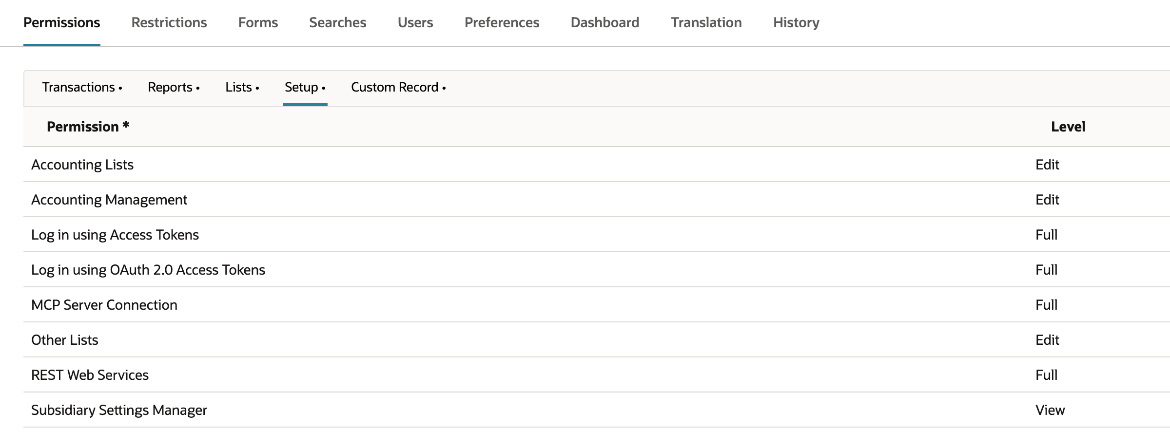Role Permissions, Setup subtab, listing Log in using OAuth 2.0 Access Tokens, MCP Server Connection and REST Web Services at Full. A red arrow points at Log in using OAuth 2.0 Access Tokens.