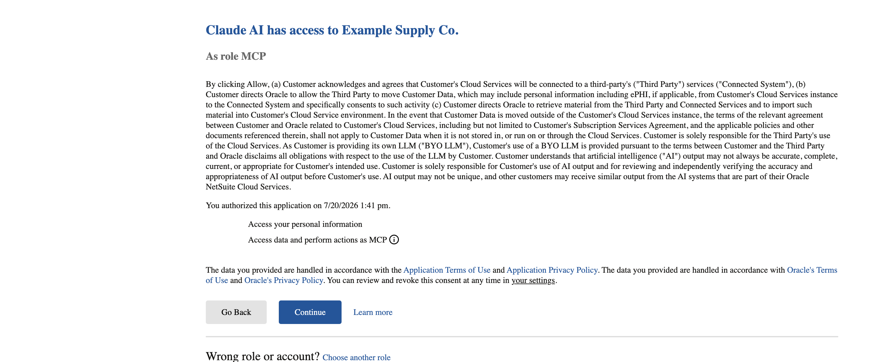 Confirm the account and role before continuing with authorization.