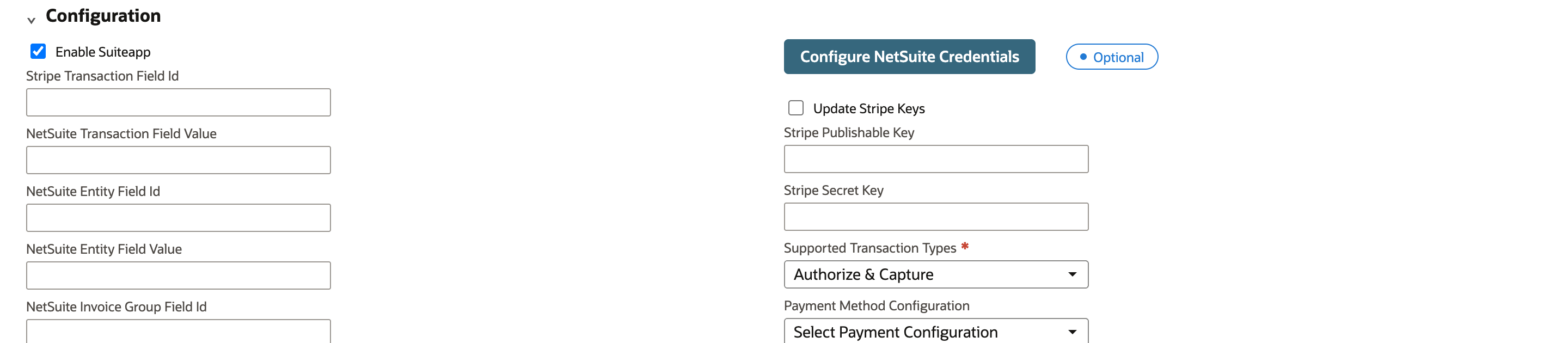 Configuration section after saving: Enable Suiteapp is checked, Update Stripe Keys is unchecked and marked by a red arrow, and both key fields are empty.