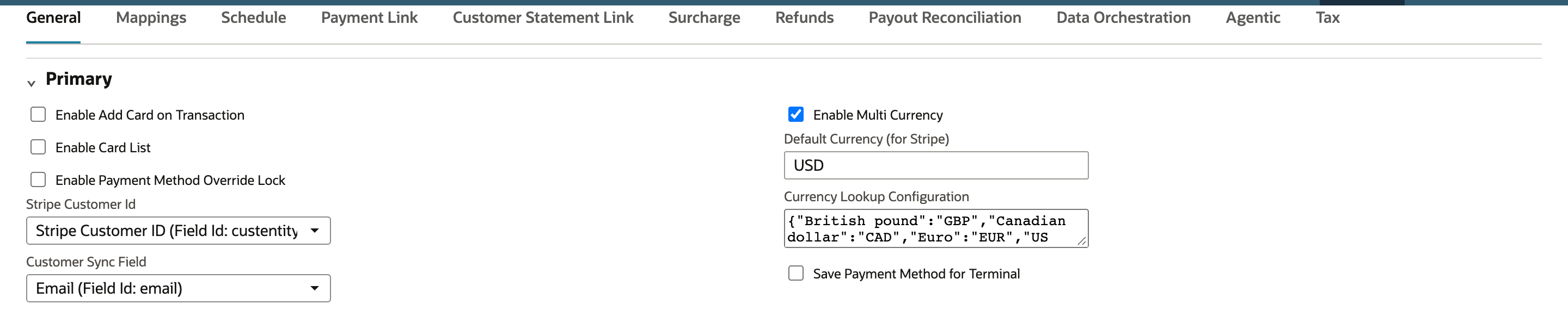 General subtab with Stripe Customer ID, Customer Sync Field set to Email, Enable Multi Currency checked, Default Currency for Stripe set to USD, and a red arrow pointing at the Customer Sync Field select.