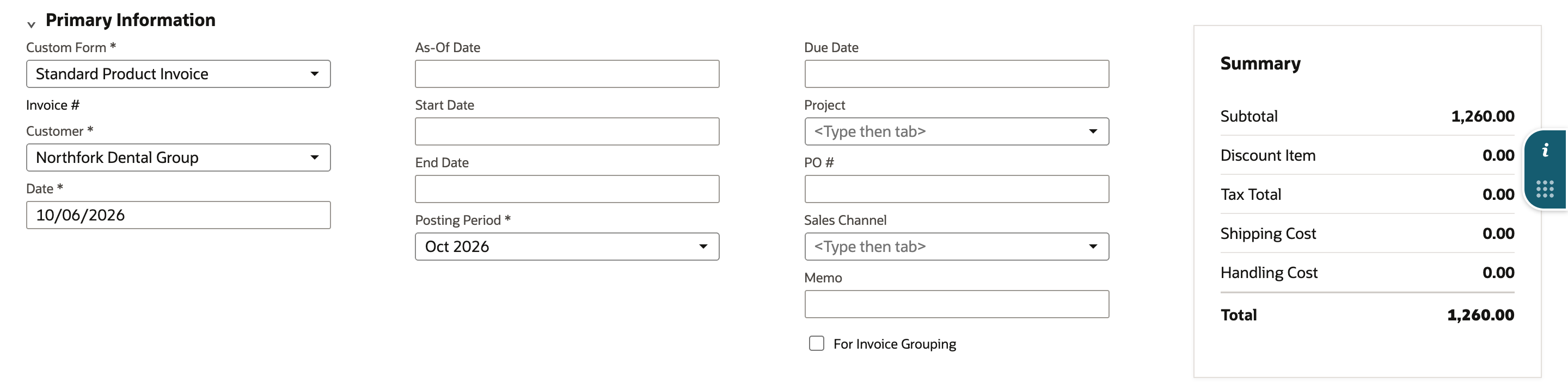 New invoice with Customer Northfork Dental Group and a Summary total of 1,260.00.