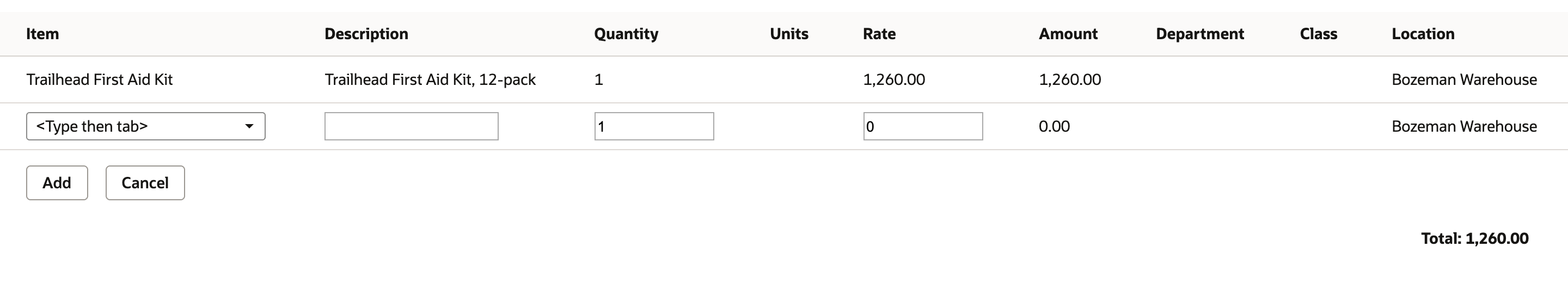 Invoice Items subtab with one added line: Trailhead First Aid Kit, quantity 1, rate 1,260.00, amount 1,260.00, and a Total of 1,260.00.