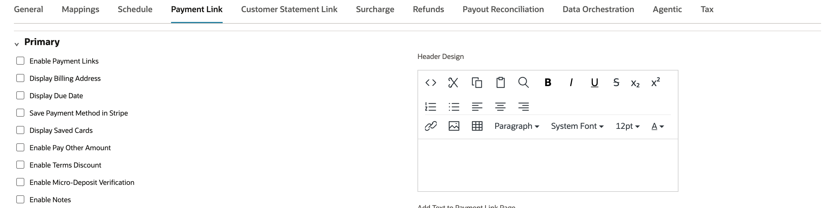 Payment Link subtab with every option unchecked, including Enable Payment Links, which a red arrow points at.