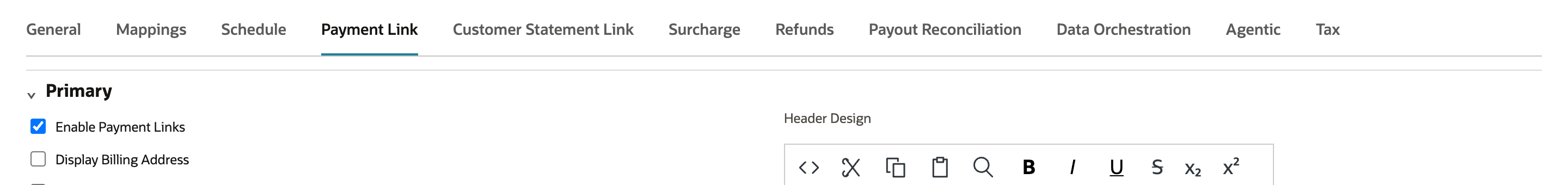 Payment Link subtab after saving, with Enable Payment Links checked and a red arrow pointing at it.