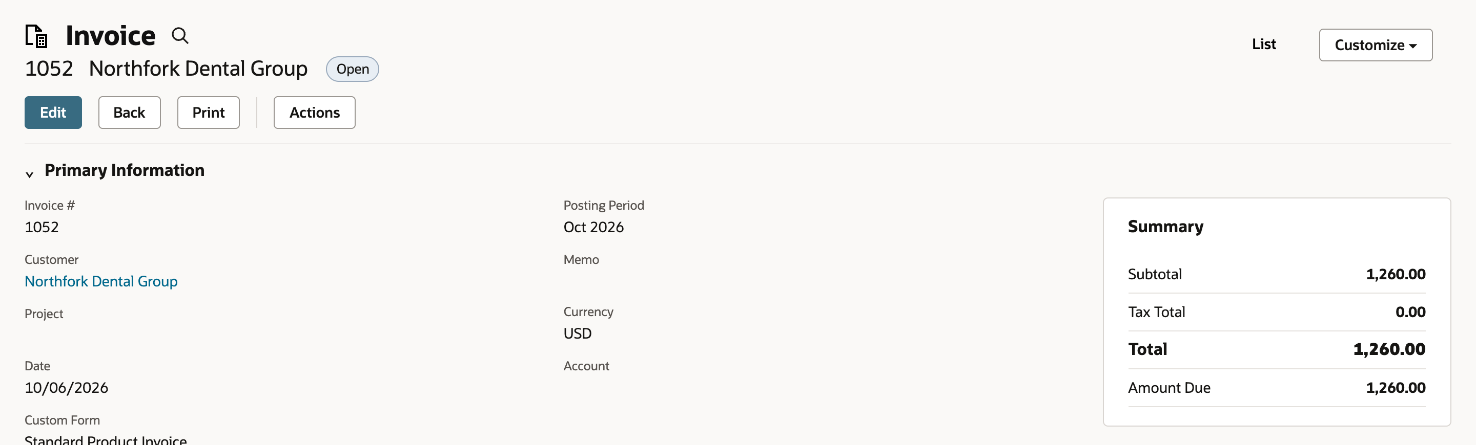 Saved invoice 1052 for Northfork Dental Group with status Open, Total 1,260.00, and Amount Due 1,260.00.