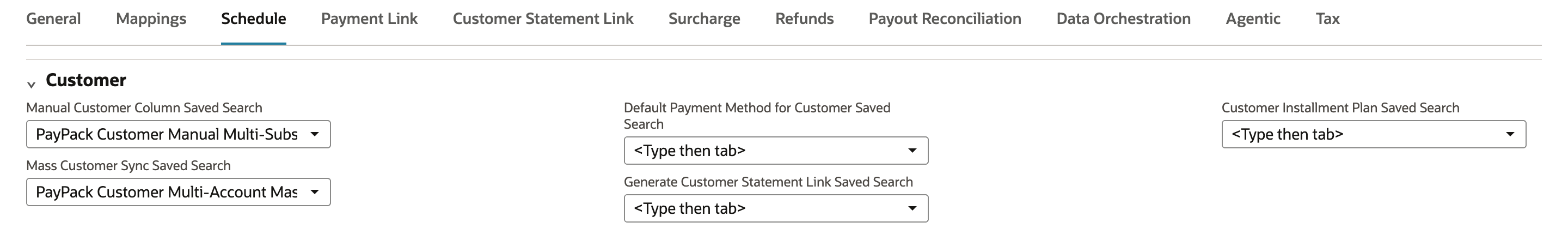 Schedule subtab, Customer section, with Manual Customer Column Saved Search set to PayPack Customer Manual Multi-Subsidiary and Mass Customer Sync Saved Search set to PayPack Customer Multi-Account Mass Export. The other searches are still empty.
