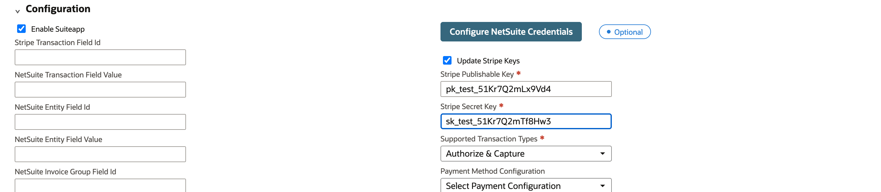 Configuration section with Enable Suiteapp checked, Update Stripe Keys checked and marked by a red arrow, a sample publishable key and a sample secret key entered, and Supported Transaction Types set to Authorize and Capture.