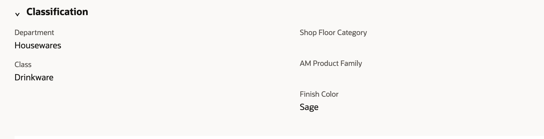 Enamel Camp Mug in view mode after saving. The Classification group shows Department Housewares, Class Drinkware and Finish Color Sage.