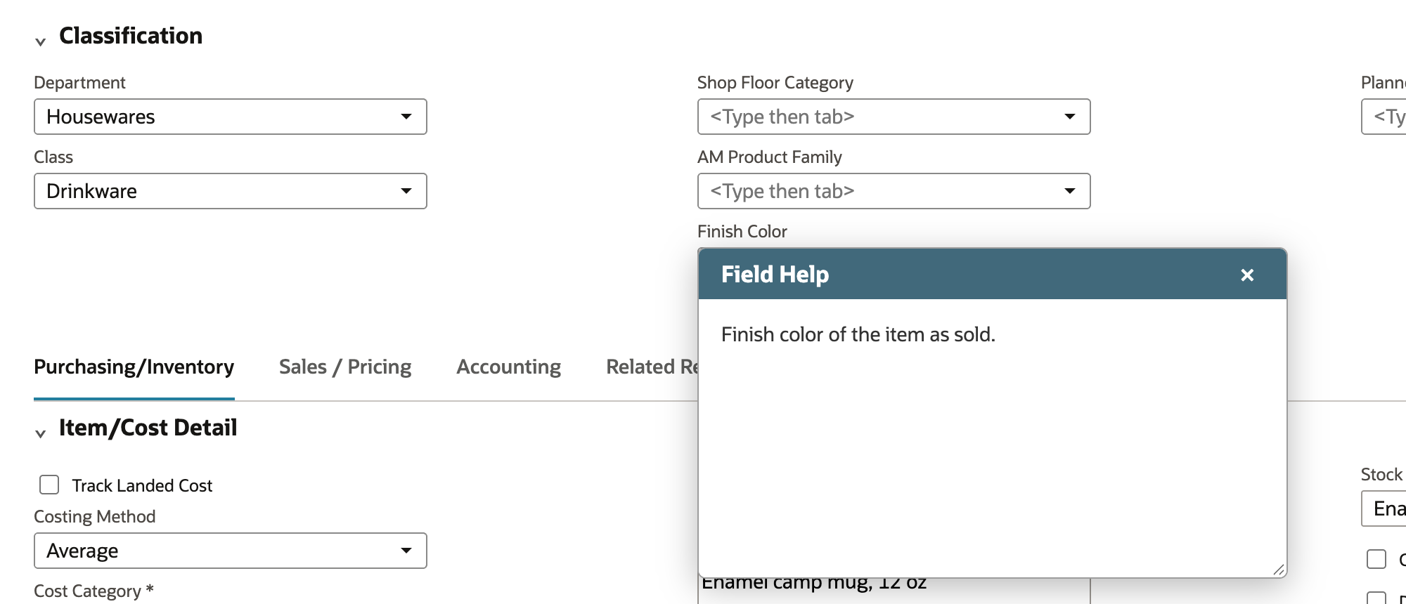 The Field Help popup open over the item form, reading Finish color of the item as sold.