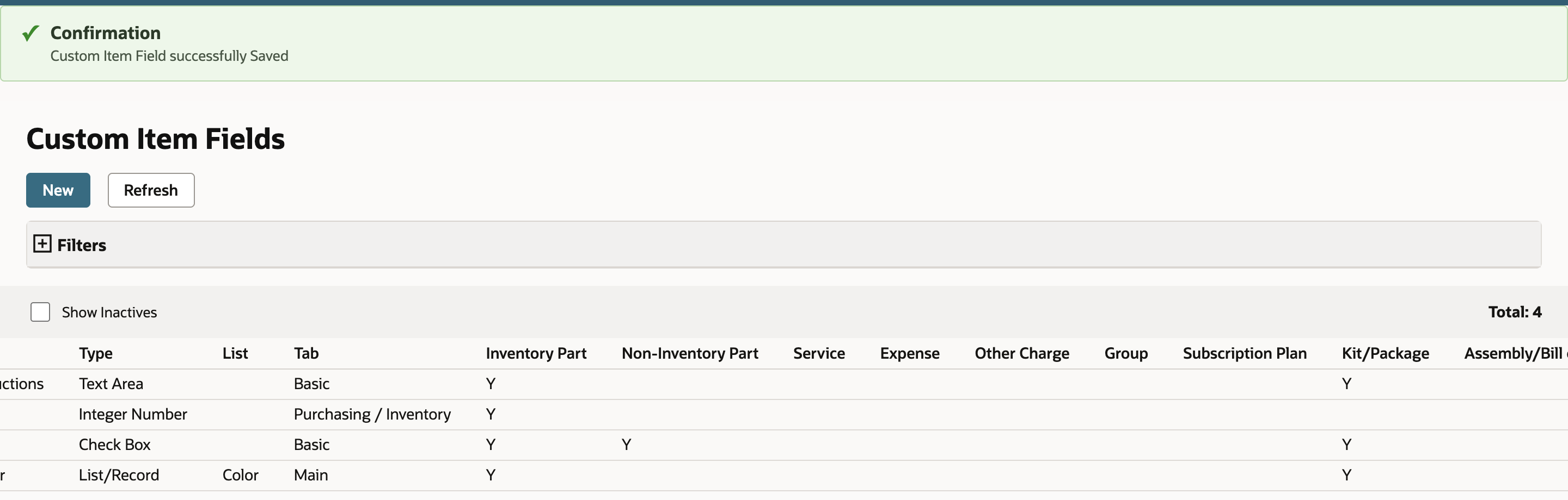 The Custom Item Fields list scrolled right. The Finish Color row, the last List/Record row, shows Y under Inventory Part and Kit/Package.