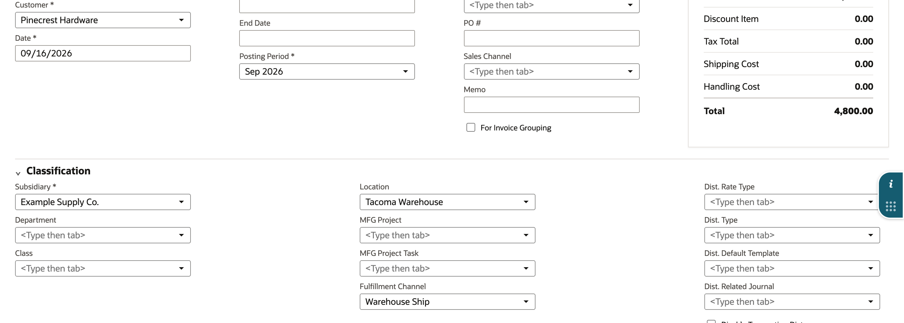 Invoice created from SO-3318 for Pinecrest Hardware, date 09/16/2026, posting period Sep 2026, total 4,800.00. Fulfillment Channel under Classification already shows Warehouse Ship.