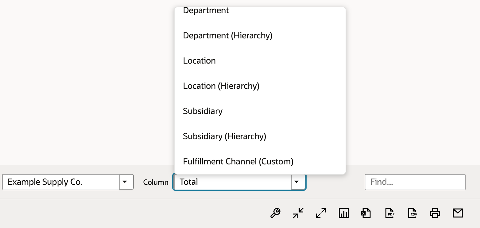 The Column dropdown open with Department, Department (Hierarchy), Location, Location (Hierarchy), Subsidiary, Subsidiary (Hierarchy) and Fulfillment Channel (Custom). An arrow points to Fulfillment Channel (Custom).
