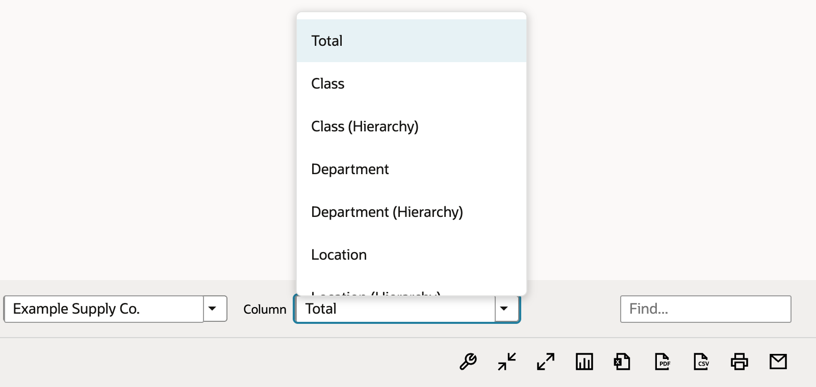 The Income Statement Column dropdown open above the footer, listing Total, Class, Class (Hierarchy), Department, Department (Hierarchy) and Location.