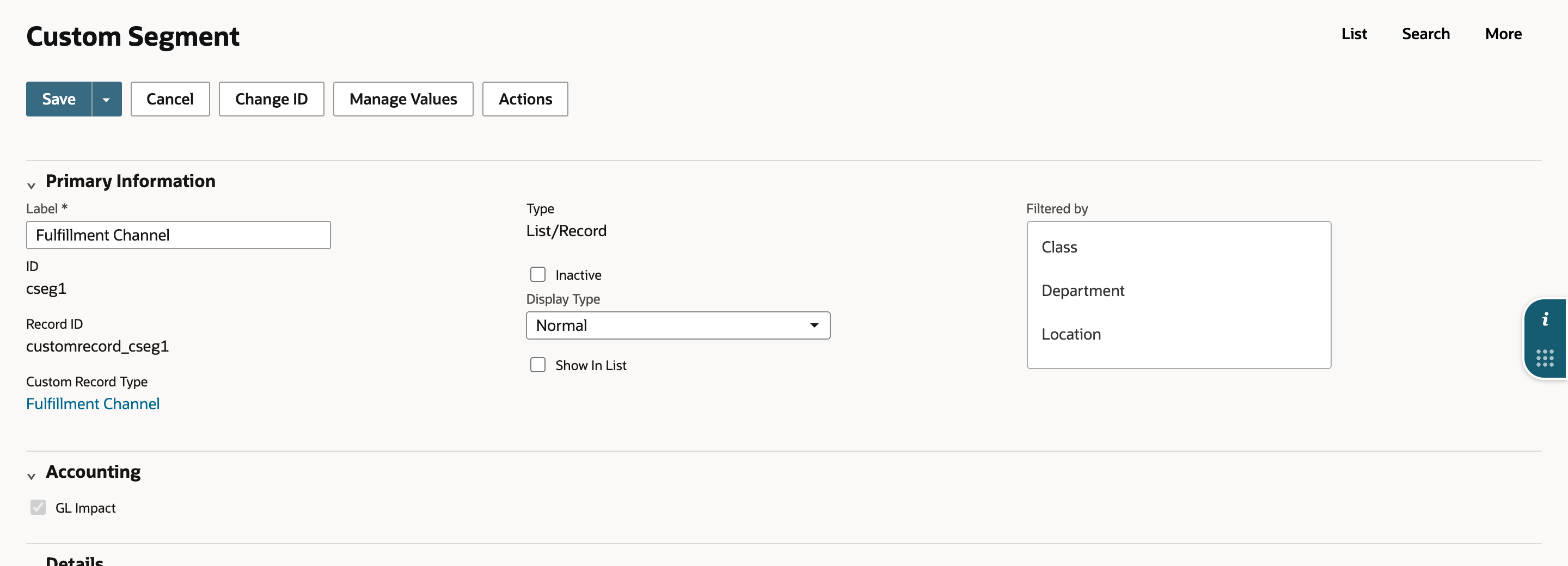Fulfillment Channel custom segment in Edit with ID cseg1. The GL Impact checkbox under Accounting is checked and greyed out. An arrow points to GL Impact.