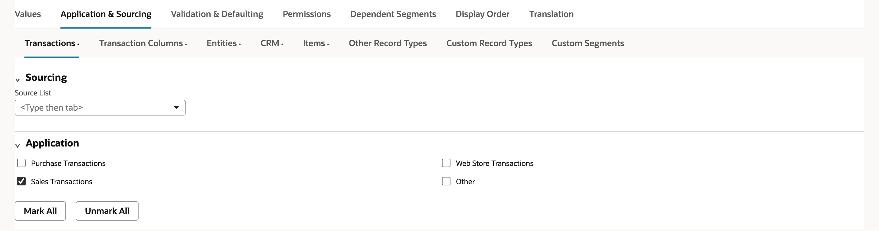 Application & Sourcing, Transactions subtab. Under Application, Sales Transactions is checked; Purchase Transactions, Web Store Transactions and Other are not. An arrow points to Sales Transactions.