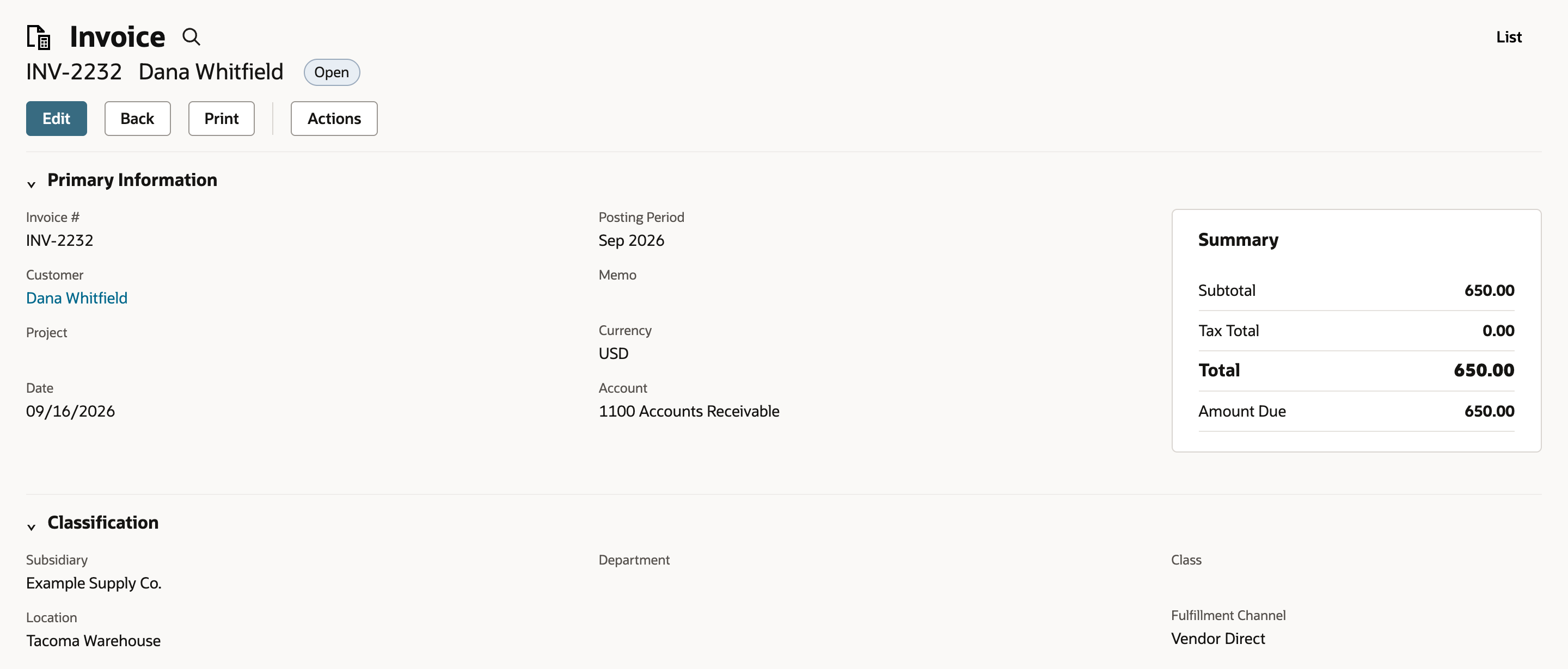 Saved invoice INV-2232 for Dana Whitfield, Open, dated 09/16/2026, posting period Sep 2026, total 650.00, with Fulfillment Channel Vendor Direct.