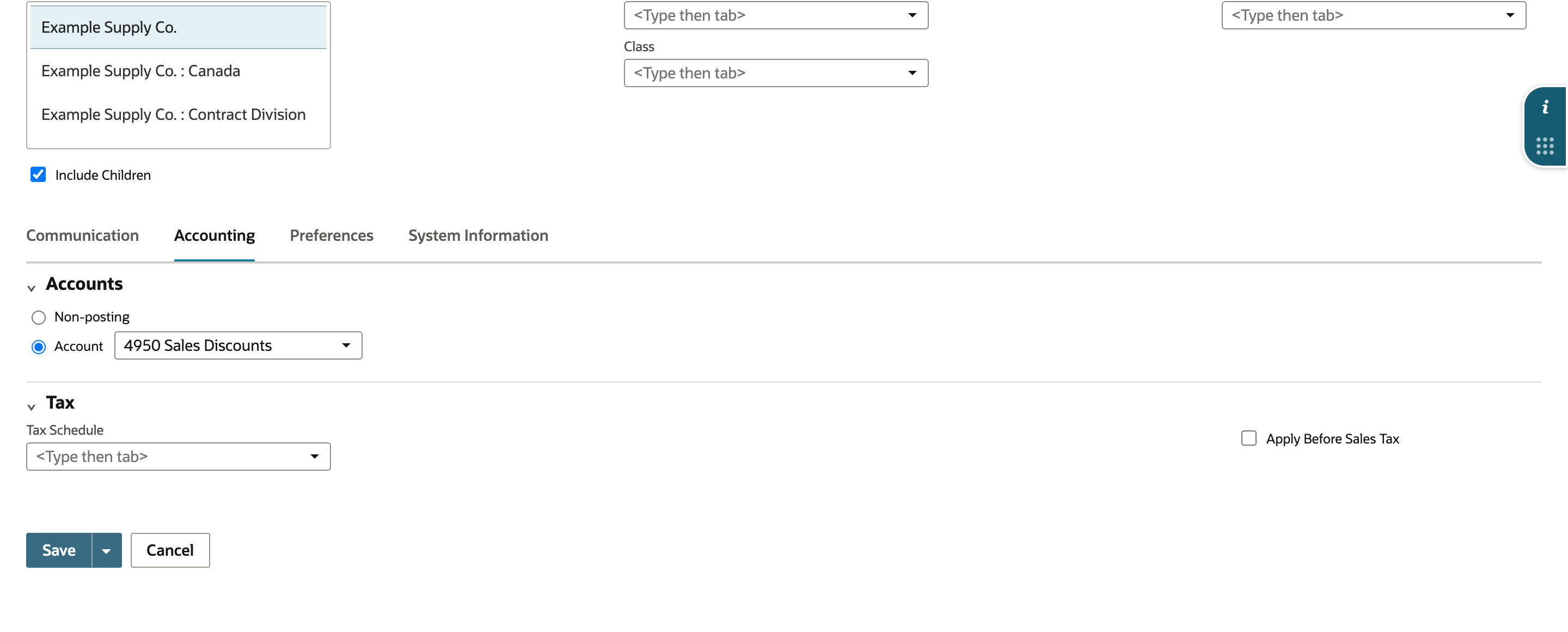 The Accounting subtab of the new Discount item. Under Accounts, Account is selected with 4950 Sales Discounts; under Tax, Tax Schedule is empty and Apply Before Sales Tax is unchecked.