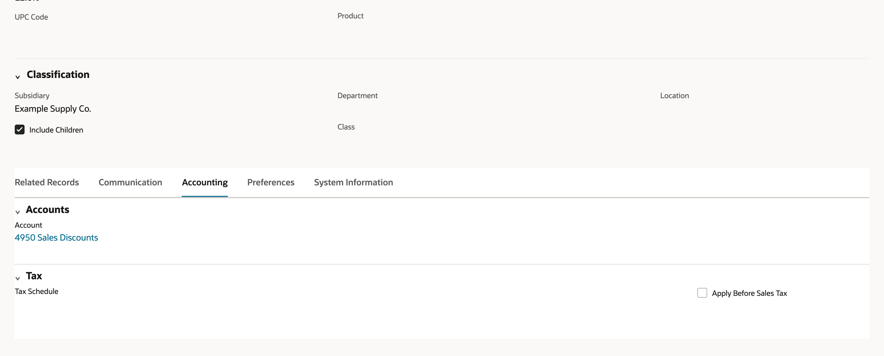 The saved item's Accounting subtab showing Account 4950 Sales Discounts, and under Tax, Apply Before Sales Tax unchecked.