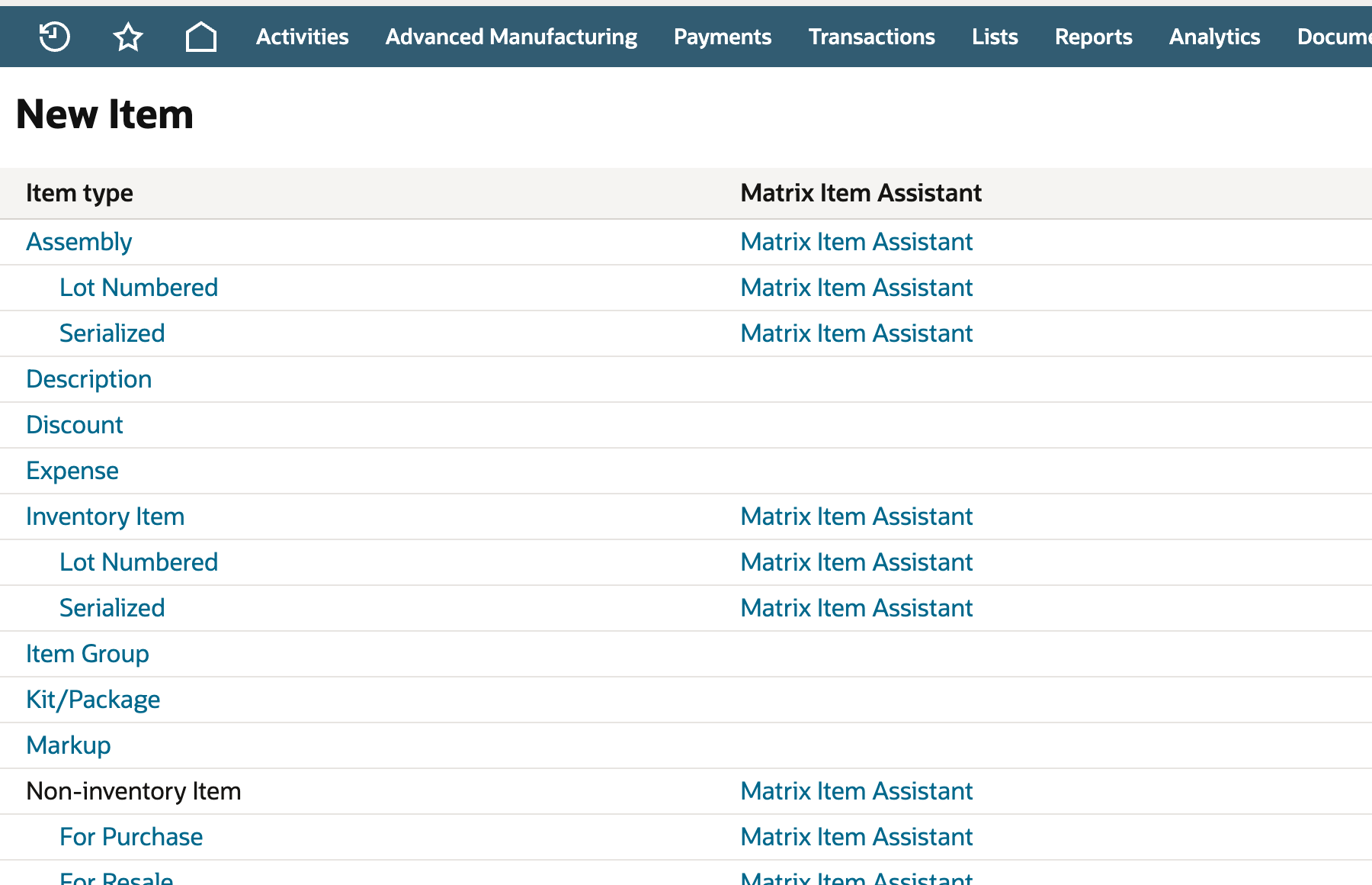 The New Item page listing item types, from Assembly down to Service. An arrow points to the Discount link.