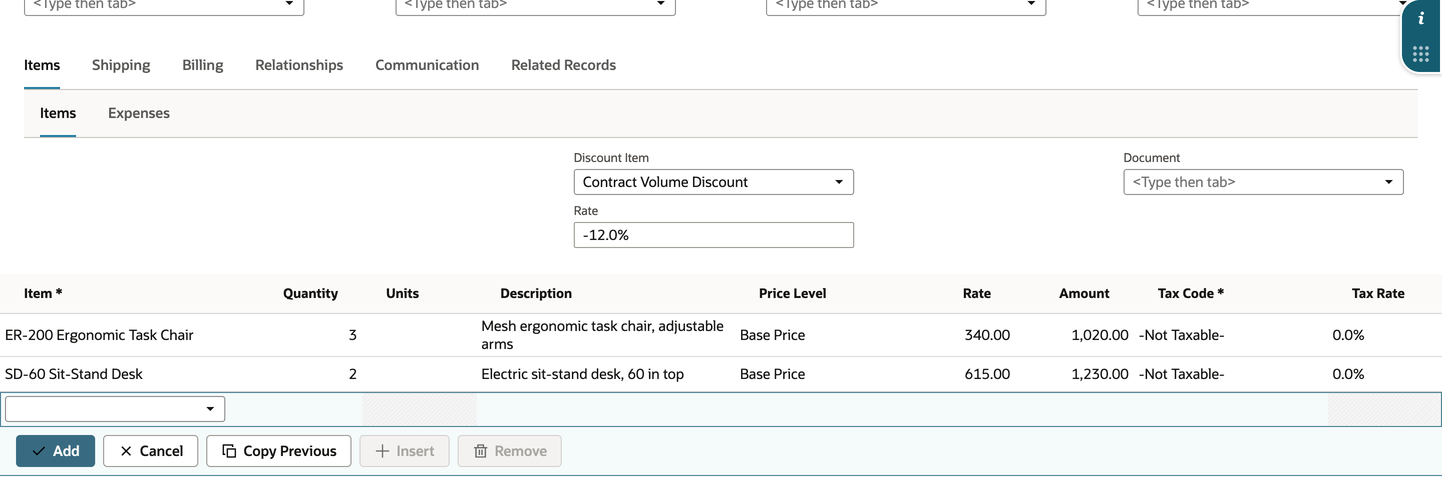 The Items subtab with Discount Item set to Contract Volume Discount and Rate -12.0% above the two item lines. An arrow points to -12.0%.