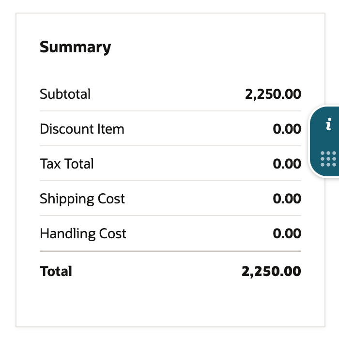 The sales order Summary: Subtotal 2,250.00, Discount Item 0.00, Tax Total 0.00, Shipping Cost 0.00, Handling Cost 0.00, Total 2,250.00.