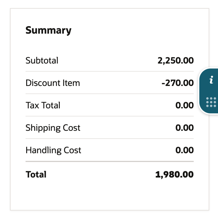 The sales order Summary: Subtotal 2,250.00, Discount Item -270.00, Tax Total 0.00, Total 1,980.00.