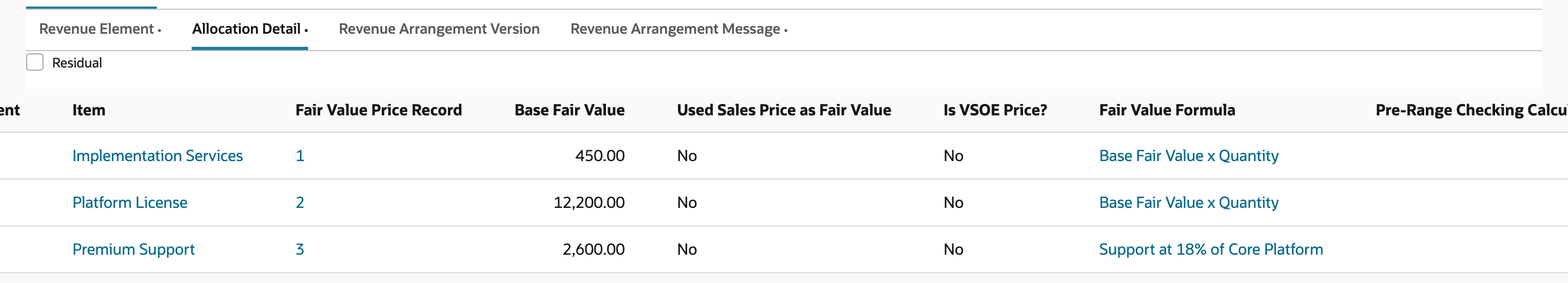 The Allocation Detail sublist with Implementation Services and Platform License on Base Fair Value x Quantity and Premium Support on Support at 18% of Core Platform, marked by a red arrow.