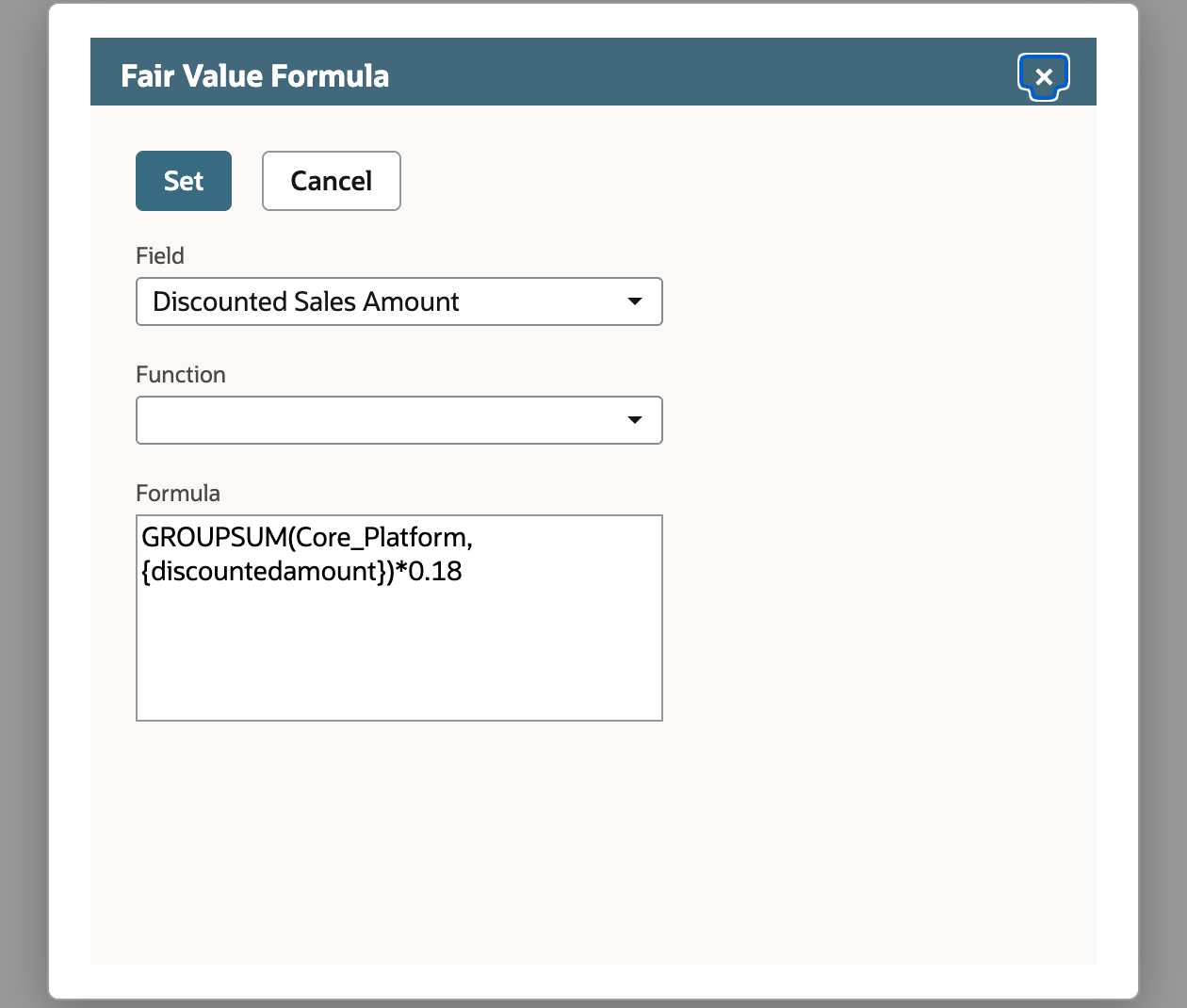 The Fair Value Formula window with Field set to Discounted Sales Amount and the Formula box containing GROUPSUM(Core_Platform,{discountedamount})*0.18, with a red arrow beside the Formula box.