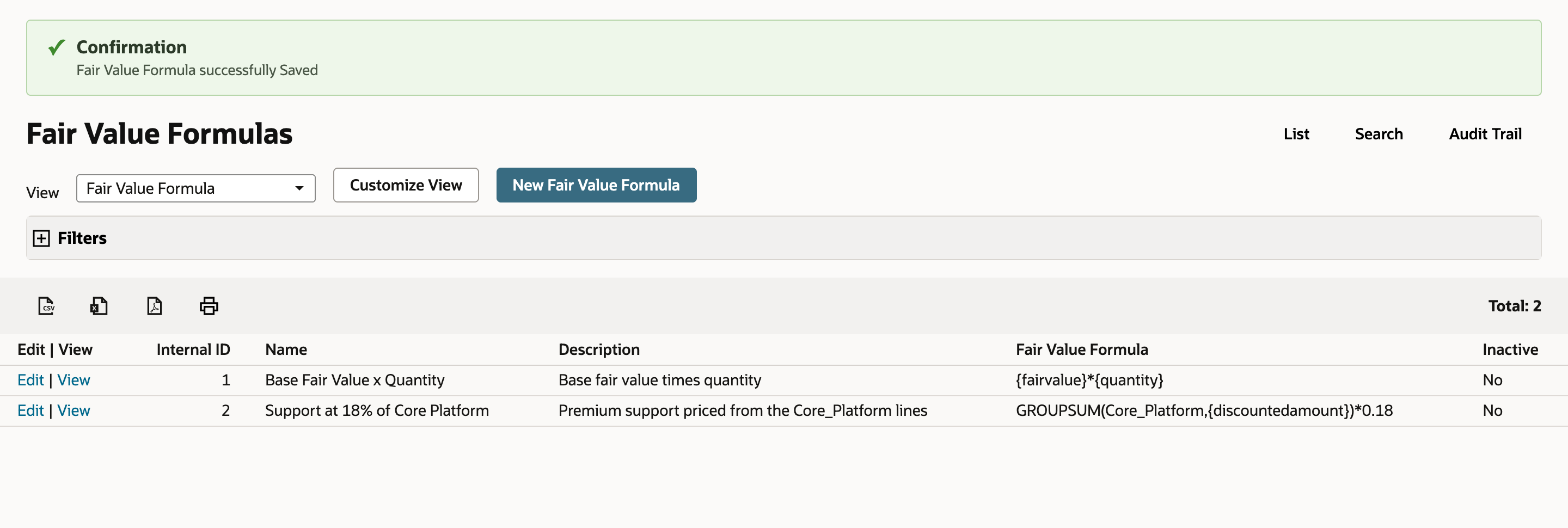 The Fair Value Formulas list with a Fair Value Formula successfully Saved confirmation and two formulas, with a red arrow under the new Support at 18% of Core Platform row.