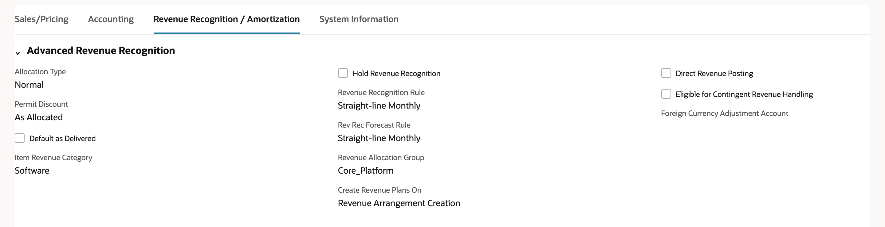 The Platform License item on the Revenue Recognition / Amortization subtab with Revenue Allocation Group Core_Platform marked by a red arrow.