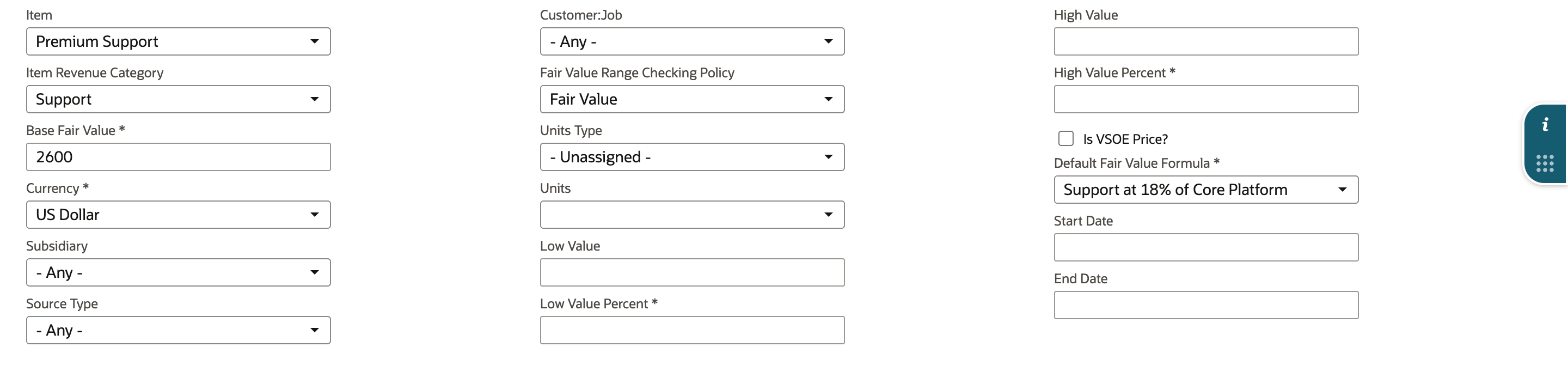 The Fair Value Price form after choosing Fair Value Range Checking Policy Fair Value, with a red arrow at the policy label and Low Value Percent and High Value Percent now marked required.